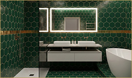 Designer Tiles Up To Beam Level In Bathrooms